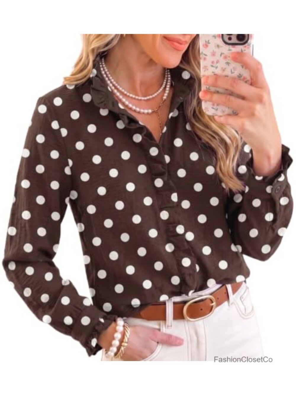 Ruffle Collar Button Down Puff Long Sleeve Blouse Checkered